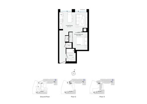 Floor plan for 1 bed, 1 bath, 525 sqft